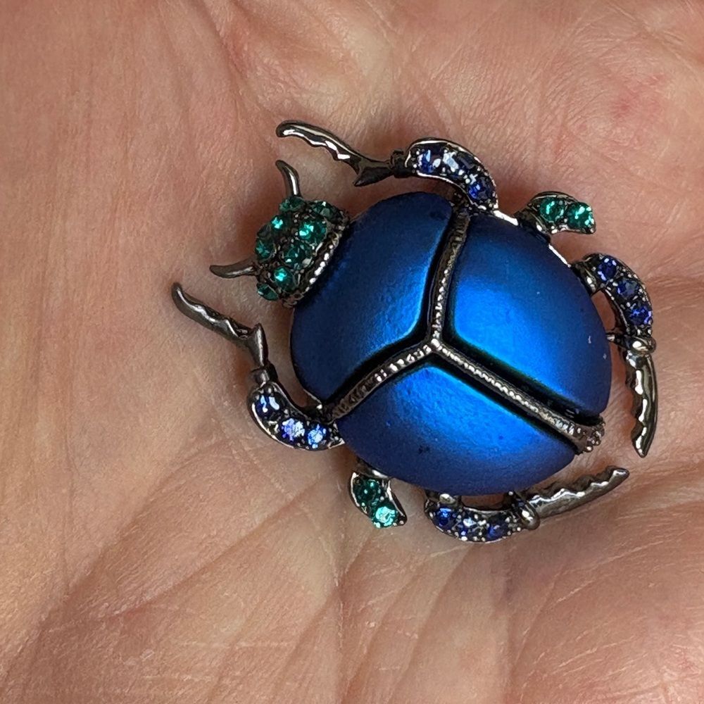 Rhinestone Blue & Green Beetle Brooch